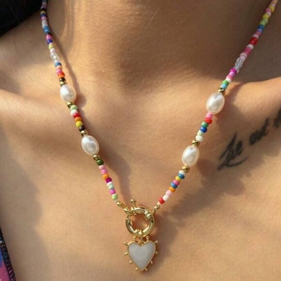 Colorful Beaded Necklace Heart Pendant N819 - Picture 1 of 8